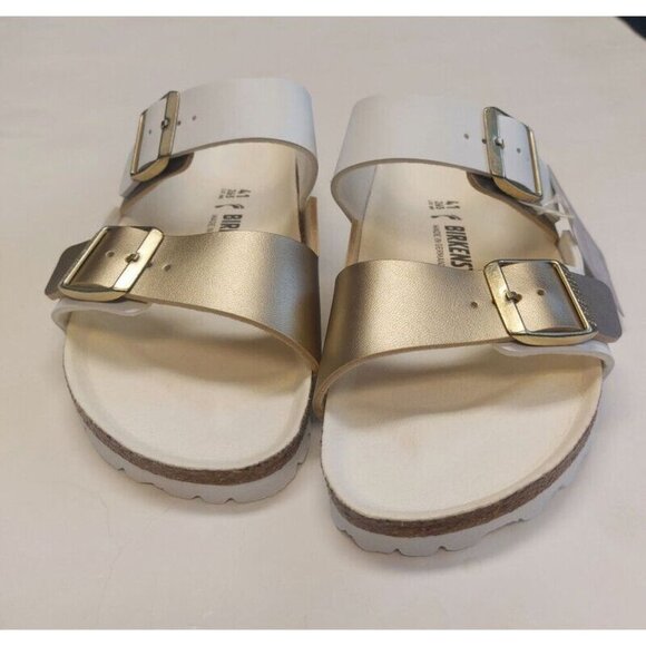 Birkenstock Arizona Split Birko-Flor Womens 10 Mens 8 Sandals Gold White EU 41 - Picture 4 of 9